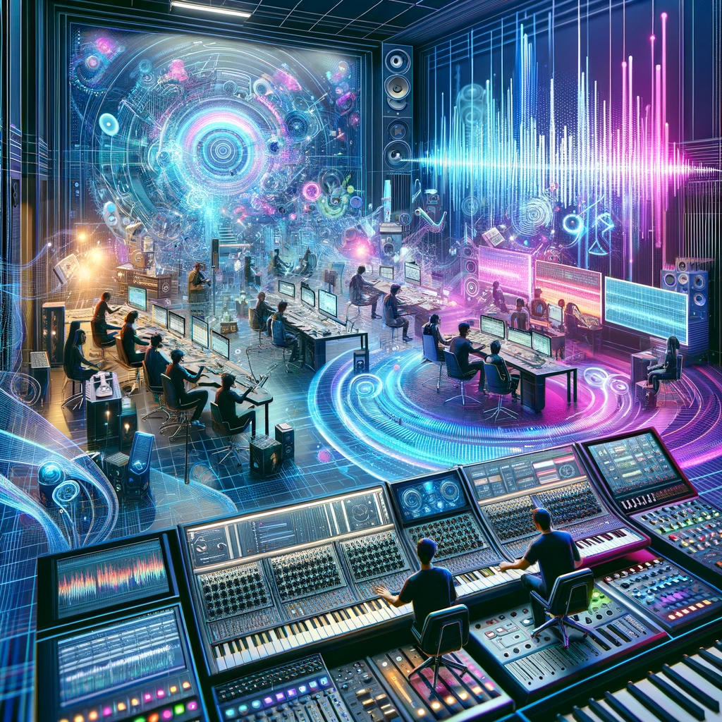 A futuristic music studio representing the Remix Lab concept, with artists and producers working on remixes using advanced digital audio workstations and synthesizers, set in a vibrant, dynamic atmosphere.