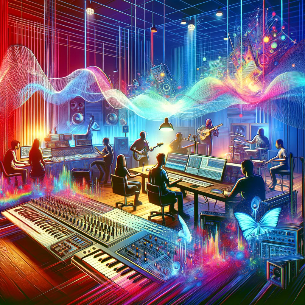 Musicians and producers working together in a vibrant, technology-filled music studio.